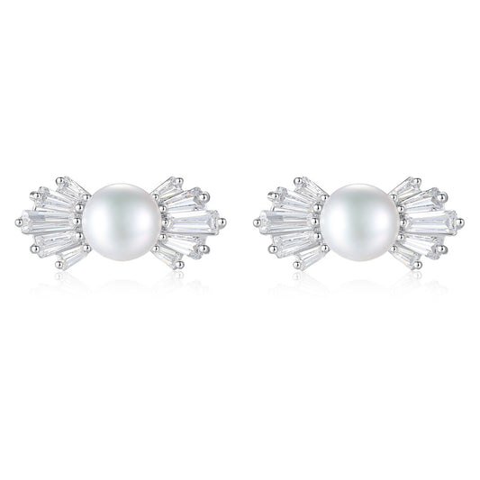 Ocean Breeze: Wave S925 Silver Pearl Stud Earrings